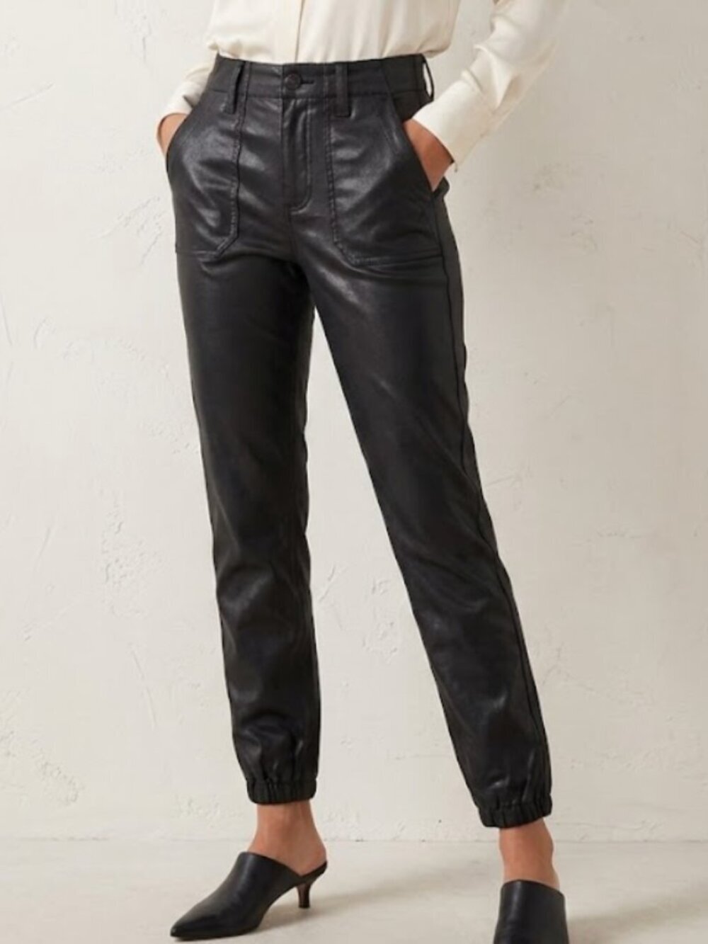 Paige Mayslie Size 27 Black Faux Leather Joggers Coated Utility Pants High Rise